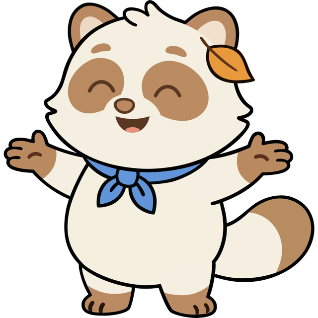 Tadoru's tanuki, smiling, with a leaf on its head
